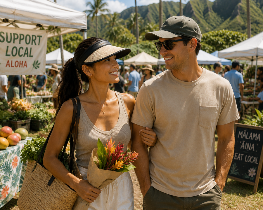 A woman wearing the SUNRICH Sun Visor holds tropical flowers at a farmers market beside a Support Local Aloha banner