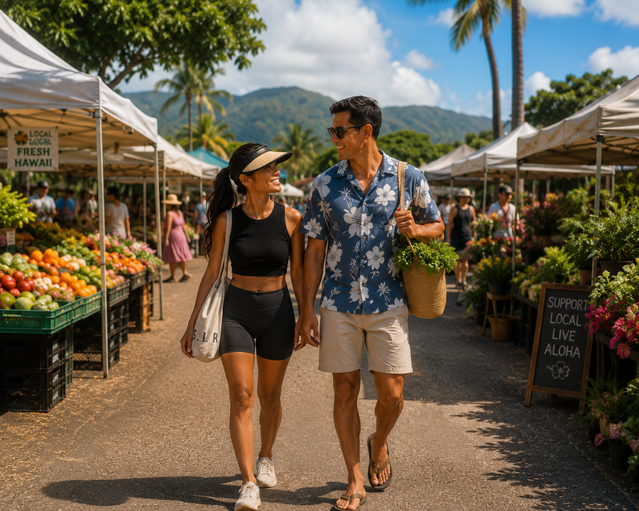 A couple walk hand in hand through a farmers market, the woman wearing the SUNRICH Sun Visor